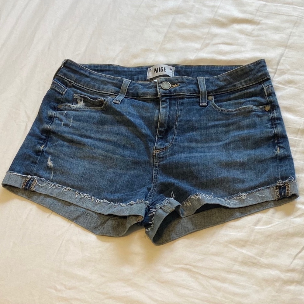 Paige blue denim shorts with 3 inch inseam.